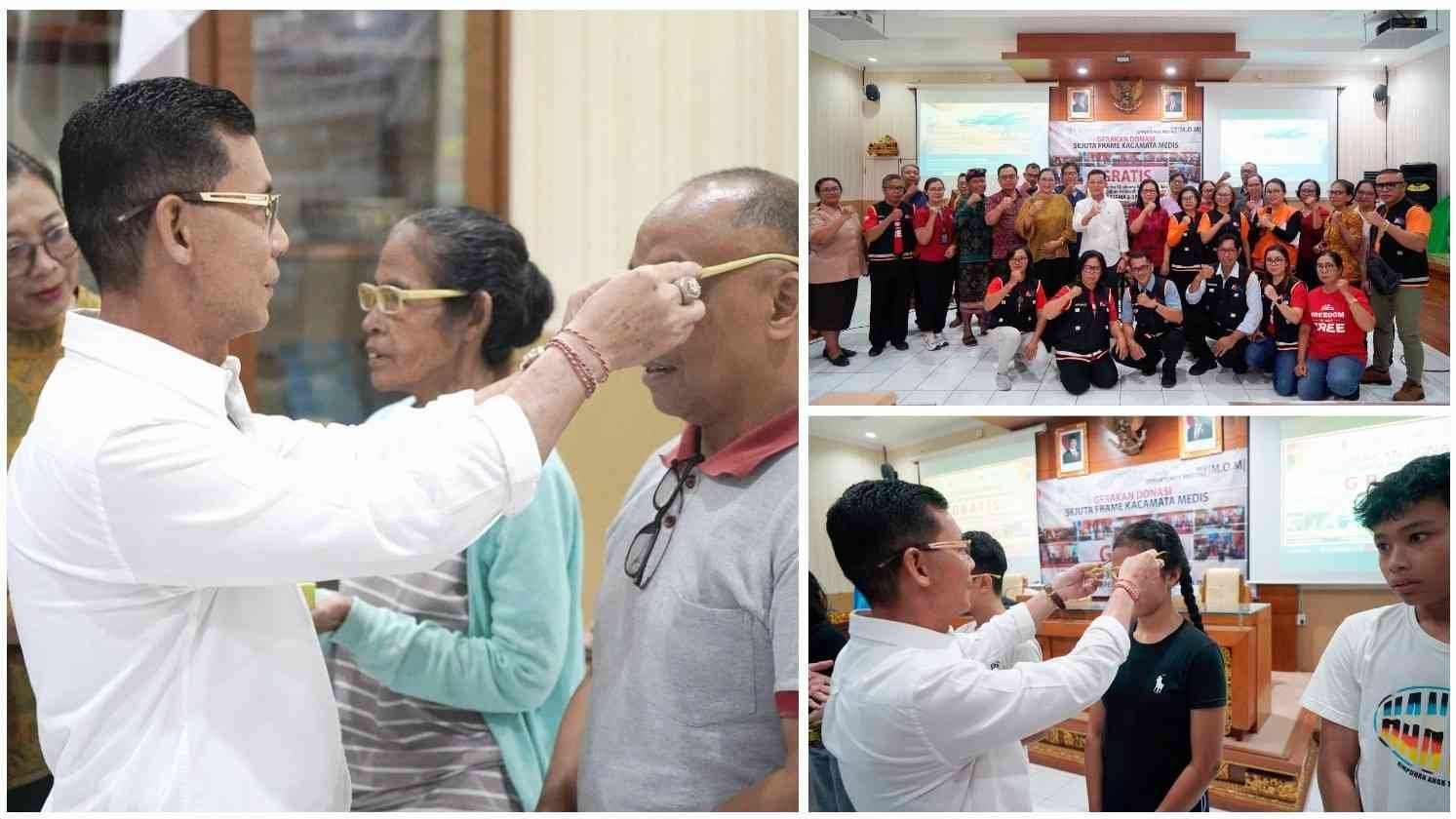 Bupati Klungkung I Made Satria menyerahkan bantuan kacamata gratis PT Glouryoung International