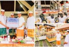 Bupati Badung Adi Arnawa hadiri upacara melaspas sekaligus serahkan bantuan kebencanaan di Pura Dalem Gede Abianbase.