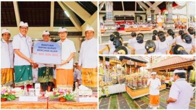 Bupati Badung Adi Arnawa hadiri upacara melaspas sekaligus serahkan bantuan kebencanaan di Pura Dalem Gede Abianbase.