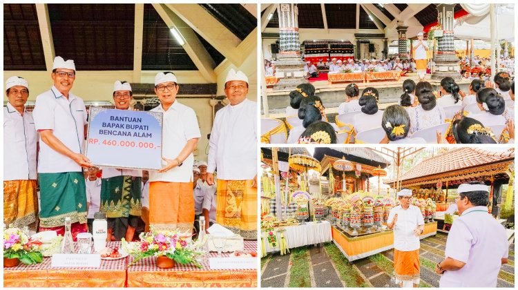 Bupati Badung Adi Arnawa hadiri upacara melaspas sekaligus serahkan bantuan kebencanaan di Pura Dalem Gede Abianbase.