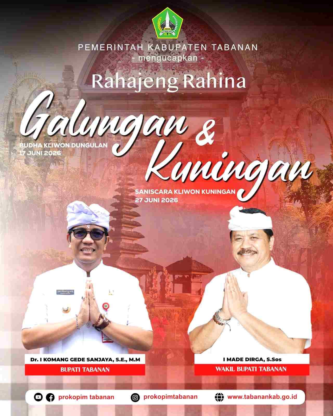 Bupati dan Wakil Bupati Tabanan ucapkan selamat Hari Raya Galungan dan Kuningan 2026